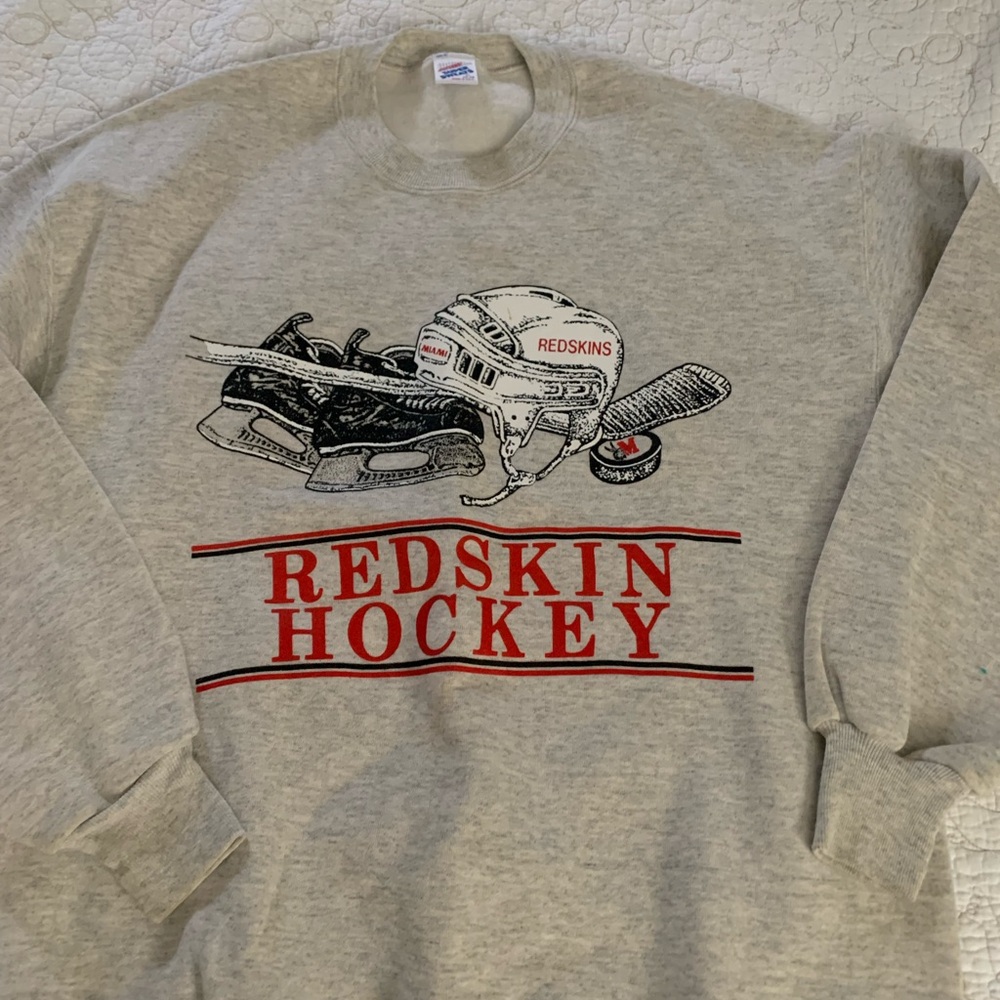 Jerzees Gray Crewneck Sweater with Red Accents
